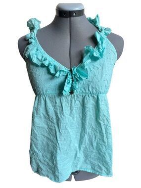 Go Girl Aqua Ruffle Tank Top Cotton Babydoll Swiss Dot Y2K Boho Summer Coastal